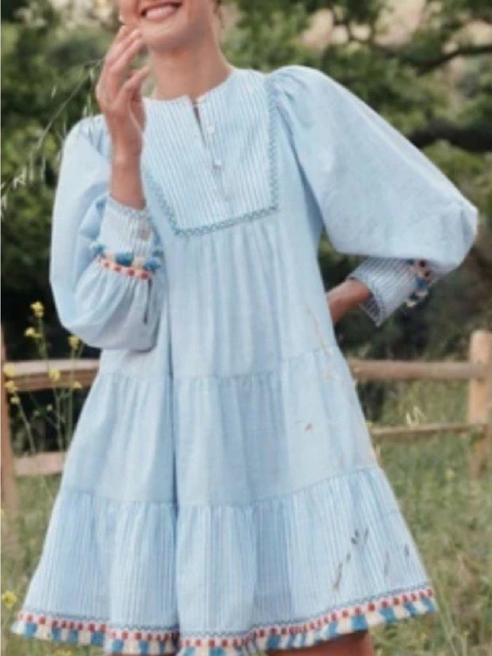 Tuckernuck Light Blue Tiered Long-Sleeve Dress with Pom-Pom Trim